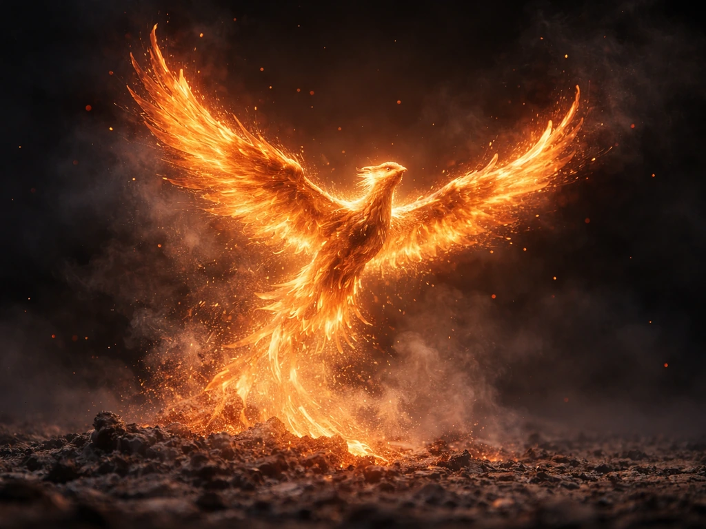 Phoenix-like bird rising from ashes in glowing flight, symbolizing rebirth and endurance.
