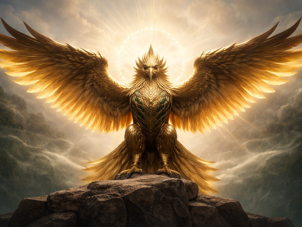 Mythic golden eagle with spread wings in a calm sky, symbolizing divine protection and authority.