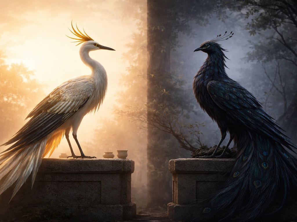 Two mythic birds, Bennu and Simurgh, side-by-side with contrasting sunlit and shadowed moods.
