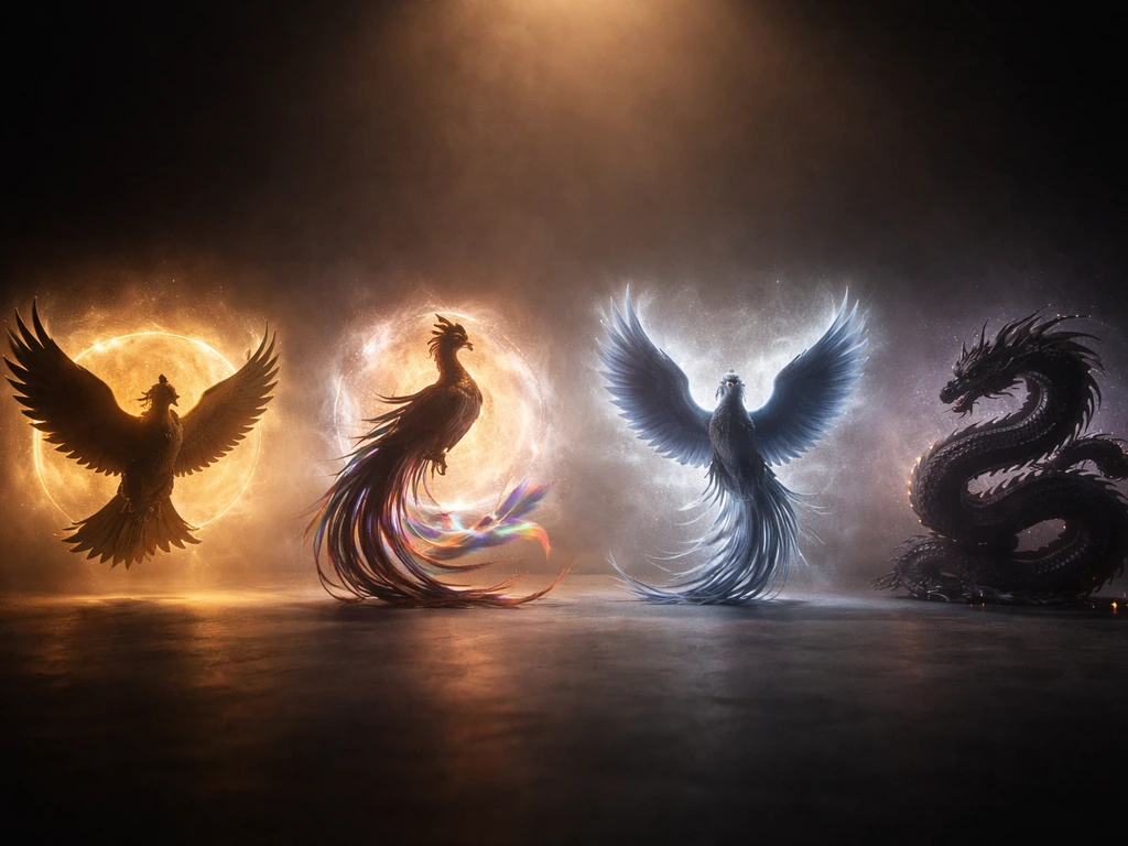 Minimal scene of four mythical bird-creature silhouettes contrasted side-by-side with a phoenix-like glow.