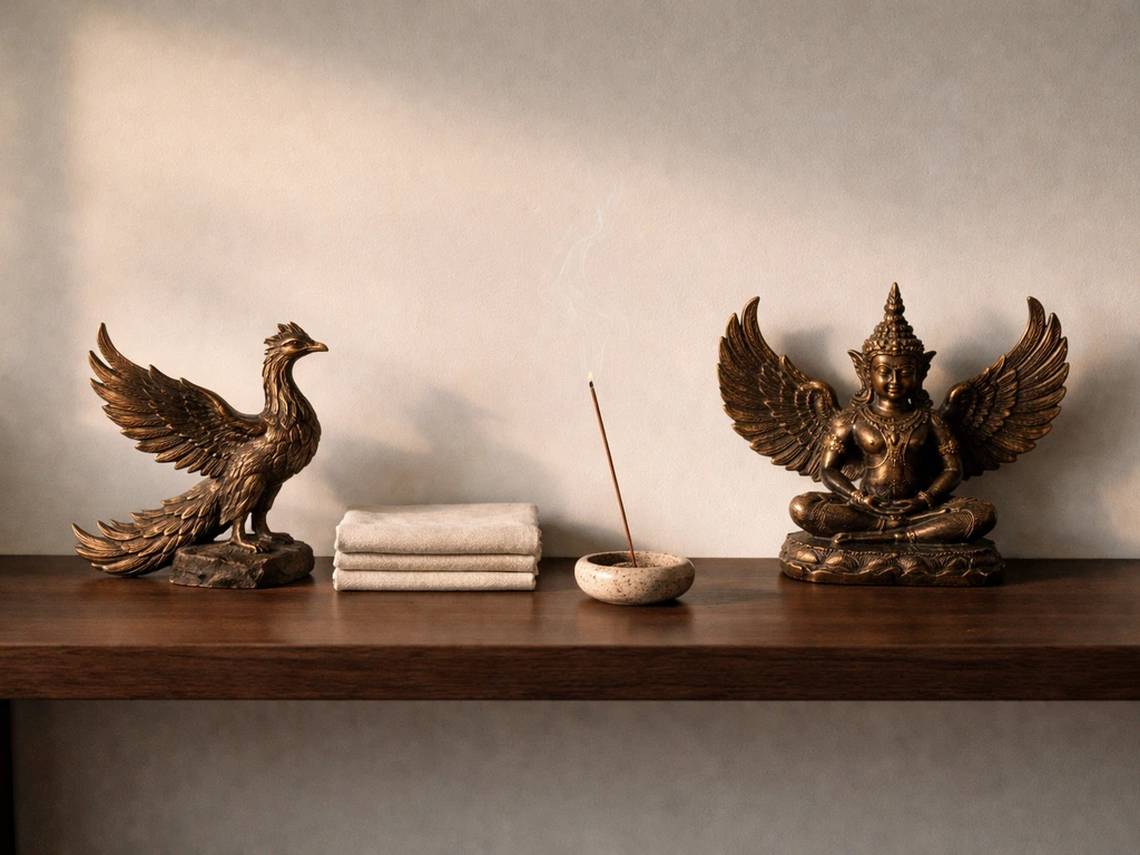 Minimal home altar with a phoenix figurine intentionally paired beside a Garuda or dragon figure, incense smoke.