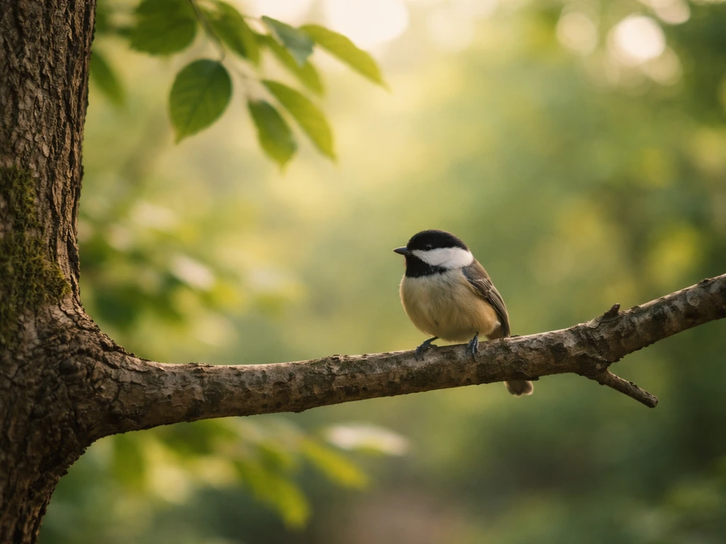 A single bird perched on a tree branch in soft light, symbolizing the soul within nature.