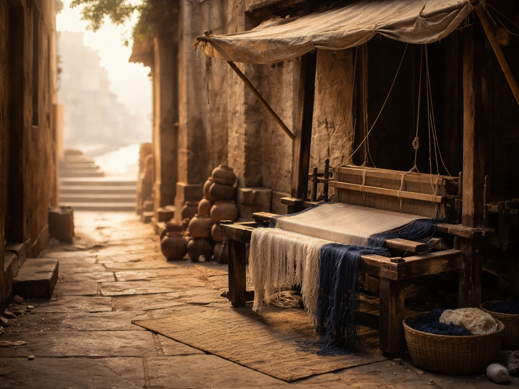 A quiet Banaras riverside alley with hanging looms and yarn, evoking Kabir’s weaver life
