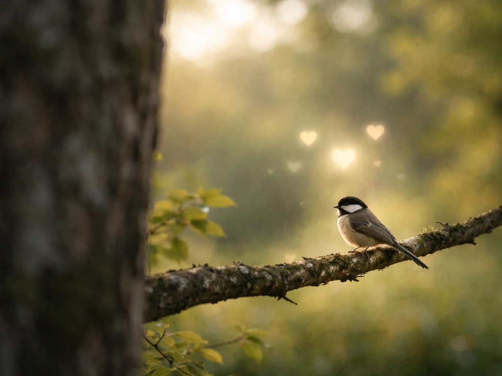 Small bird perched on a tree branch with soft heart-like light bokeh suggesting inner soul.