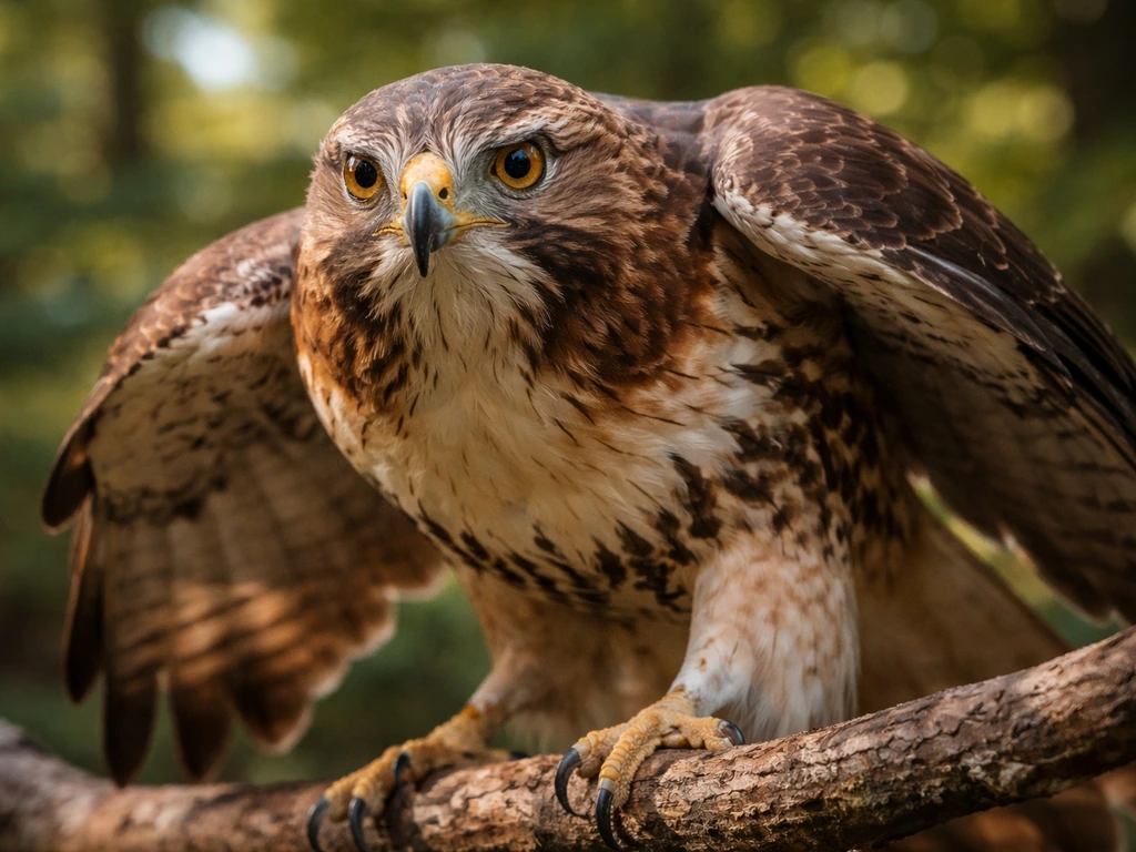 Closeup of a hawk in a hunting posture perched on a branch with a softly blurred forest background.