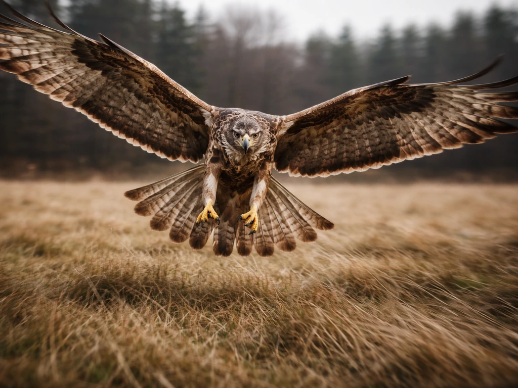 A lone hawk or eagle swoops low over open fields, wings spread, striking focused intent