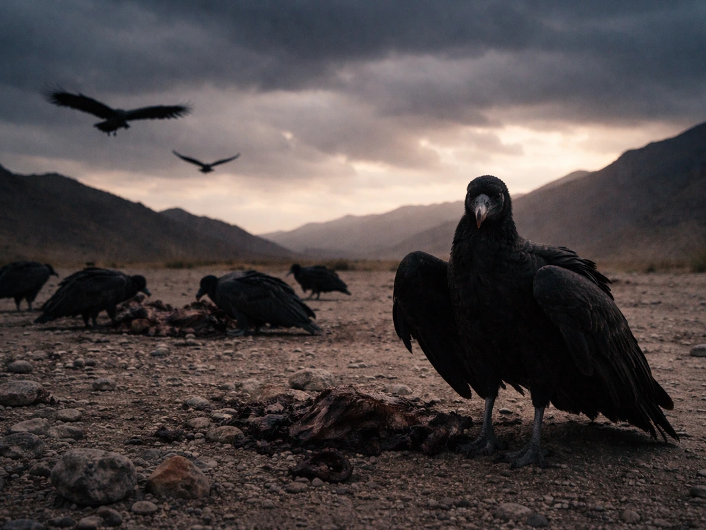 Moody dusk scene of vultures scavenging on a barren rocky landscape under stormy skies.