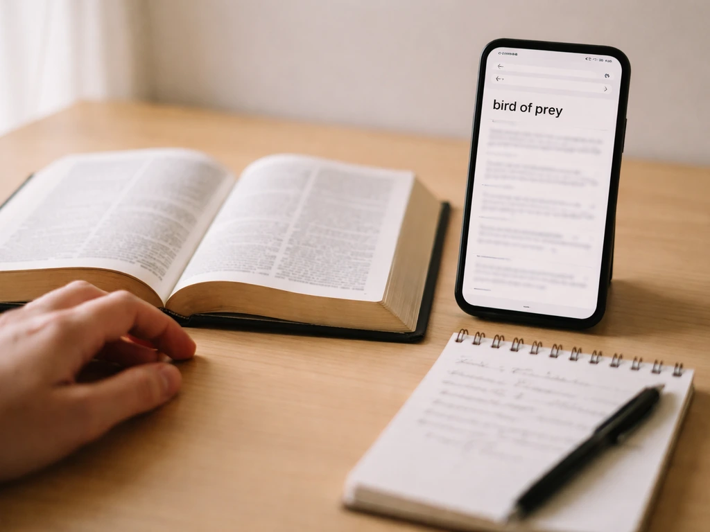 Tablet and open Bible on a desk showing a Bible search for “bird of prey,” with study notes nearby.