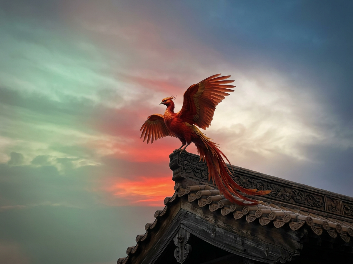 Vermilion Bird-inspired red phoenix silhouette over four direction sky symbols