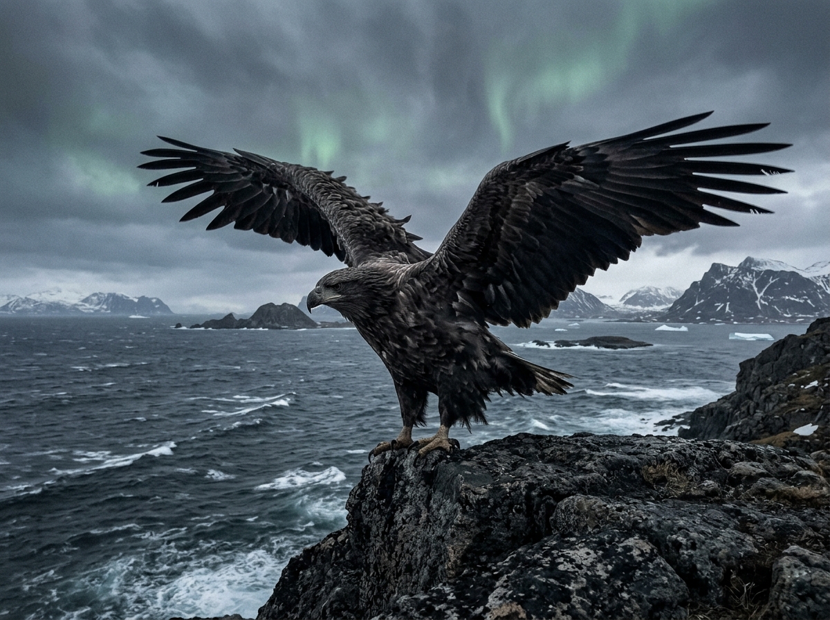 Hræsvelgr giant eagle perched at northern edge of heaven, stormy sky