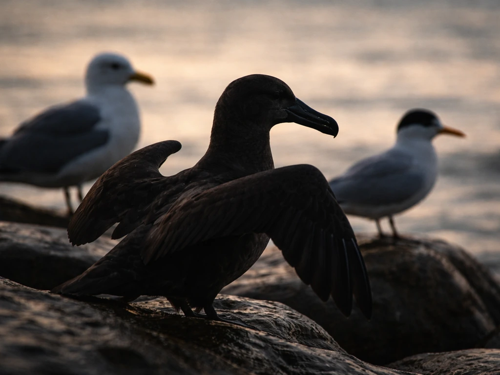 Close-up of an albatross with a gull and tern behind it on a rocky shoreline at dusk.