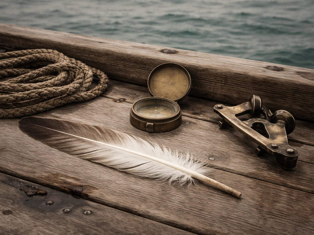 A weathered albatross feather with old nautical tools on a wooden deck, symbolizing fate and consequence.