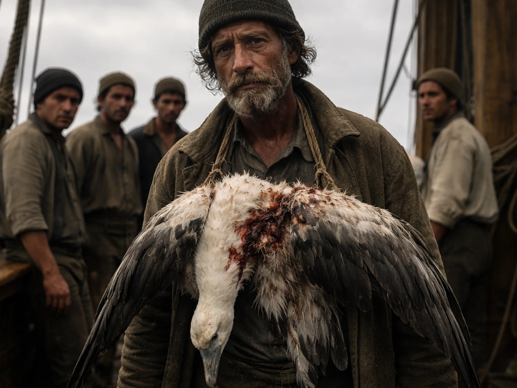 An albatross carcass hangs from a sailor’s neck as other sailors stand tense in the background.