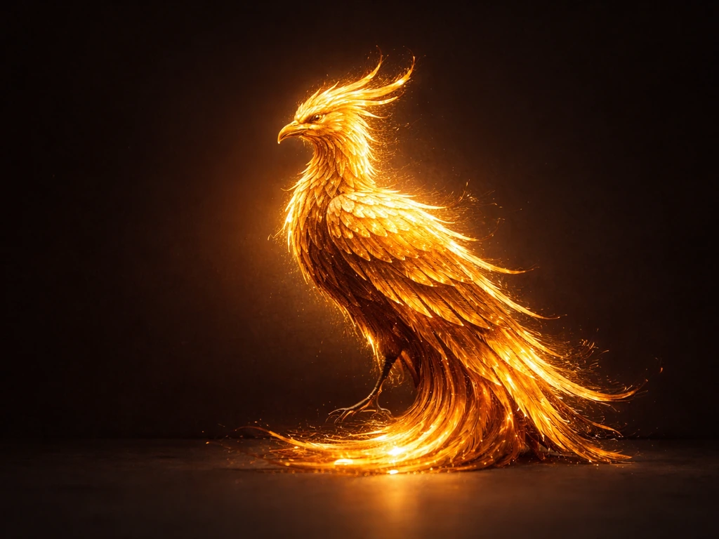 A glowing golden phoenix bird in warm metallic tones on a dark minimal background.