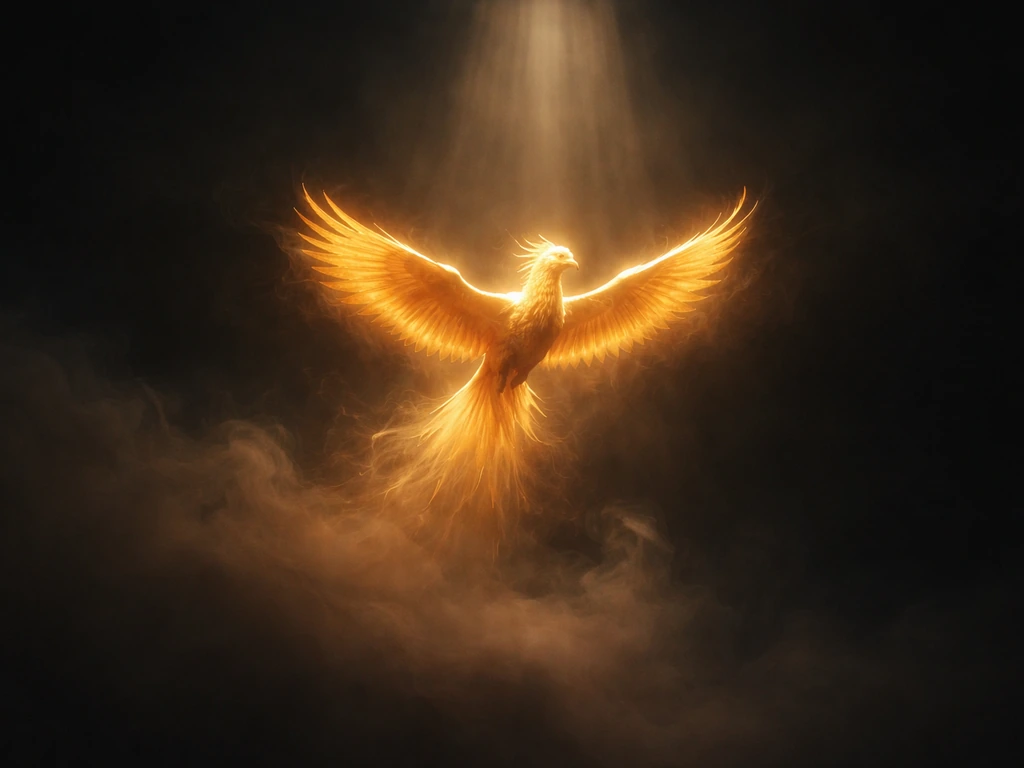 A golden phoenix hovering in a dark dream sky with soft fog and light rays, conveying spiritual signs