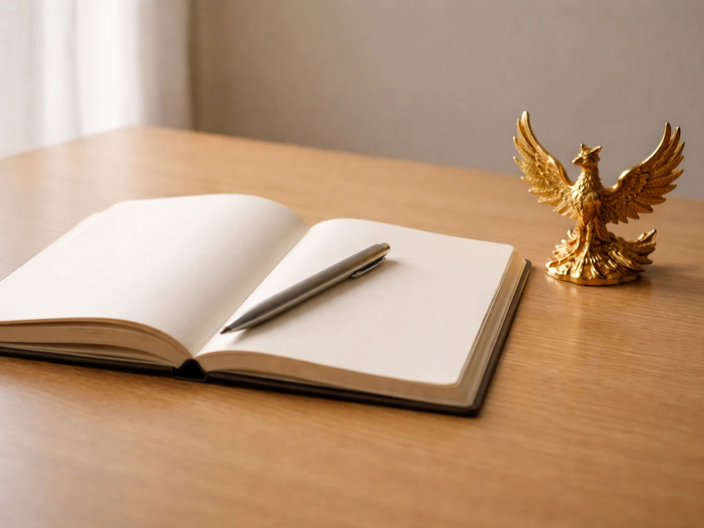 Open journal with pen and a small golden phoenix figurine on a desk, softly lit for a practical ritual