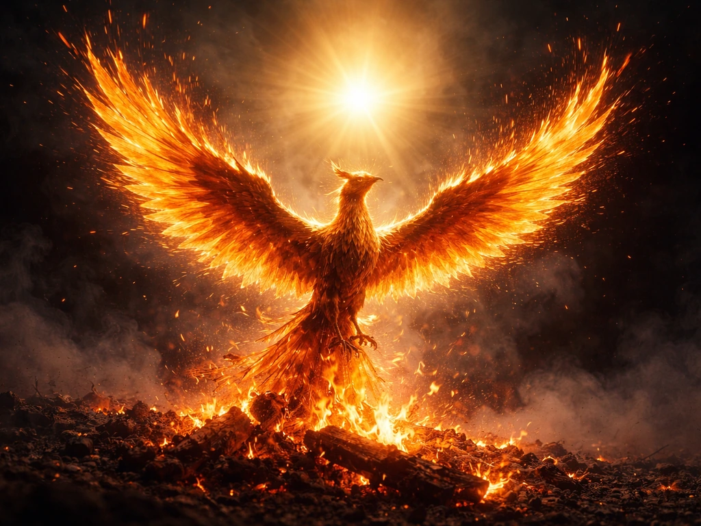 Dramatic phoenix rising from glowing ashes with a radiant sunburst backdrop.