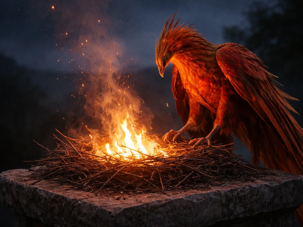 A phoenix building a nest as flames ignite it; glowing embers and ashes rise upward in a dark sky.