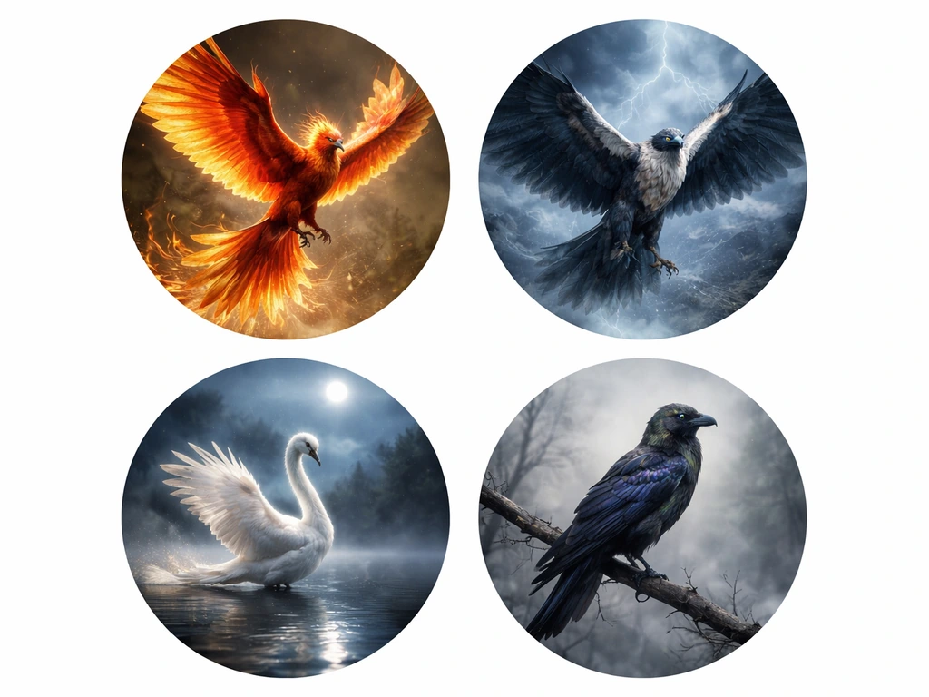 Four mythic birds in separate small scenes, each with distinct colors and symbolic mood.