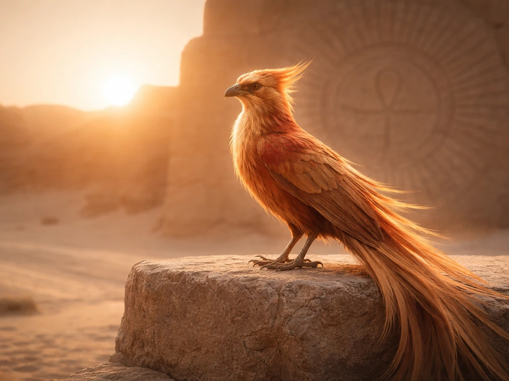 Symbolic phoenix-like bird silhouette over ancient Egyptian sun imagery and desert sands at sunrise