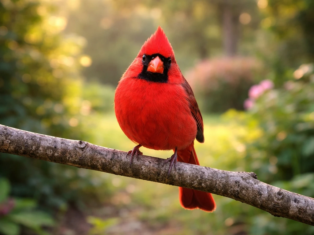 A bright red cardinal perched on a branch with soft morning light and blurred greenery.