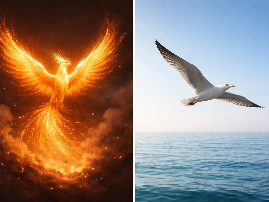 Two-panel image: phoenix-like bird over embers on the left, a different mythic seabird in flight over ocean on the right