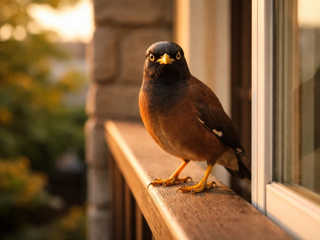 A myna bird perched by a home balcony window at golden hour, suggesting good luck.