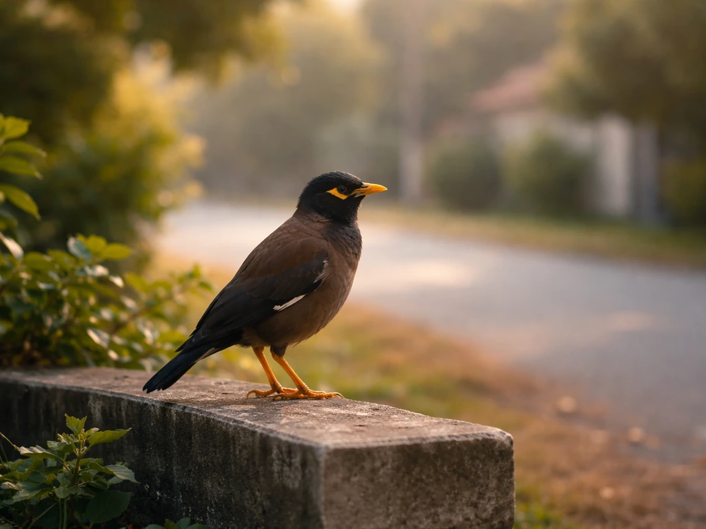 A myna bird perched in a quiet yard with warm golden morning light.