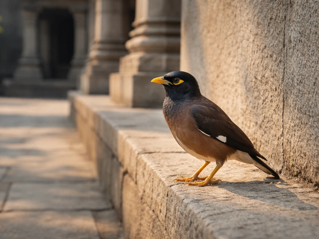 A small myna bird perched beside a weathered temple courtyard wall with carved stone details behind.