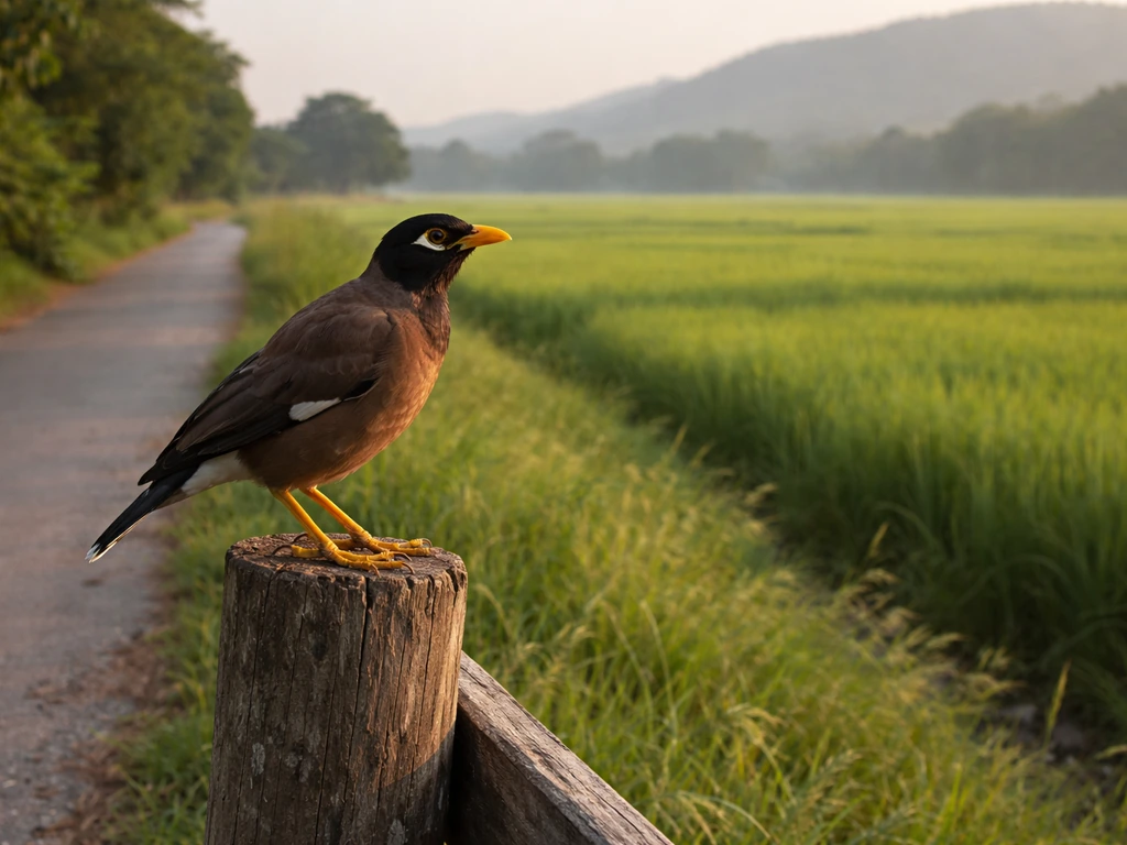 Myna perched by a rural fence with green crop fields in the background, symbolizing prosperity.