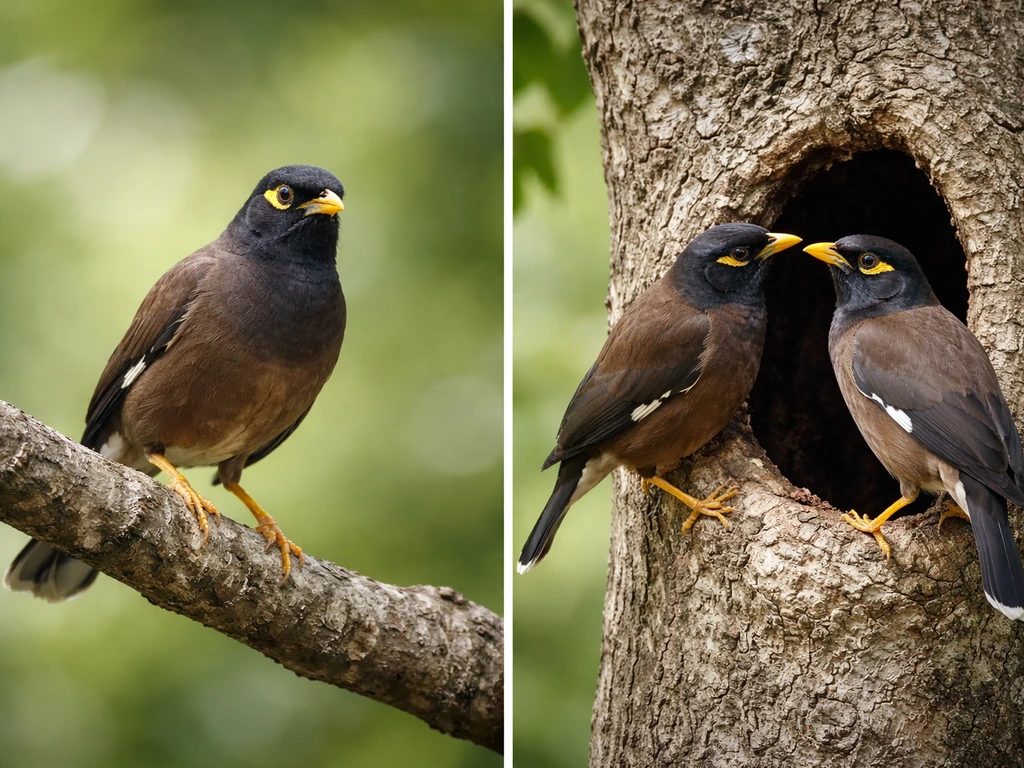 Two common mynas in separate moments—one alone on a branch and one pair near a small hollow entrance.