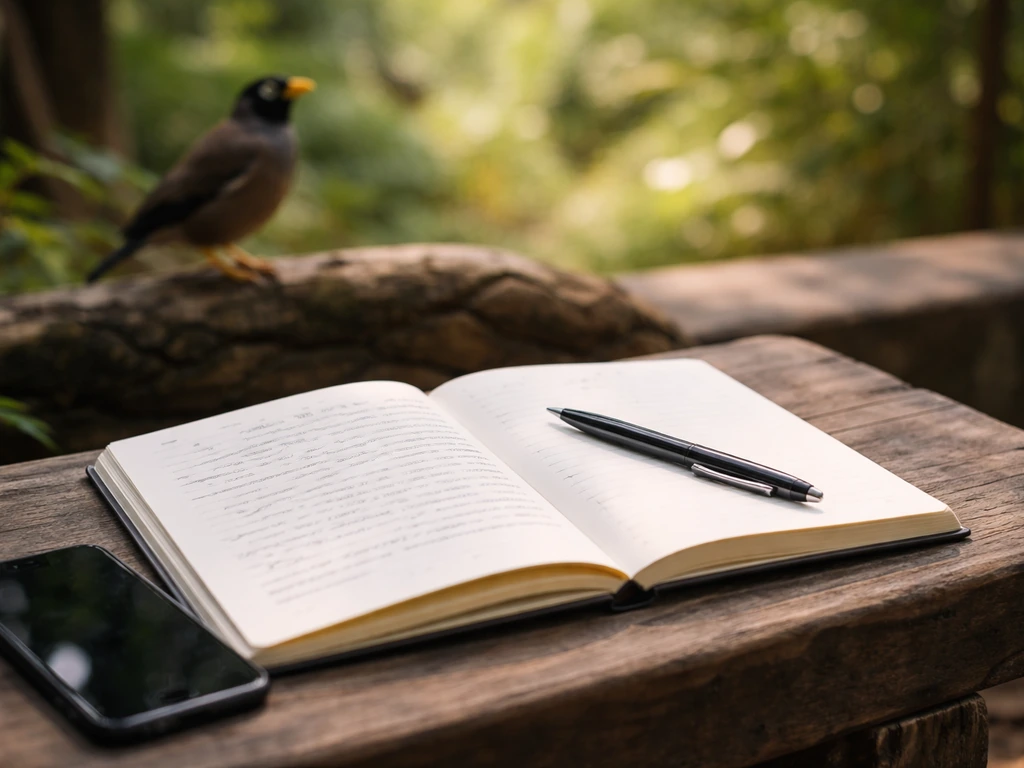 Open notebook outdoors beside a phone, journaling near a myna perch with the bird softly out of focus.