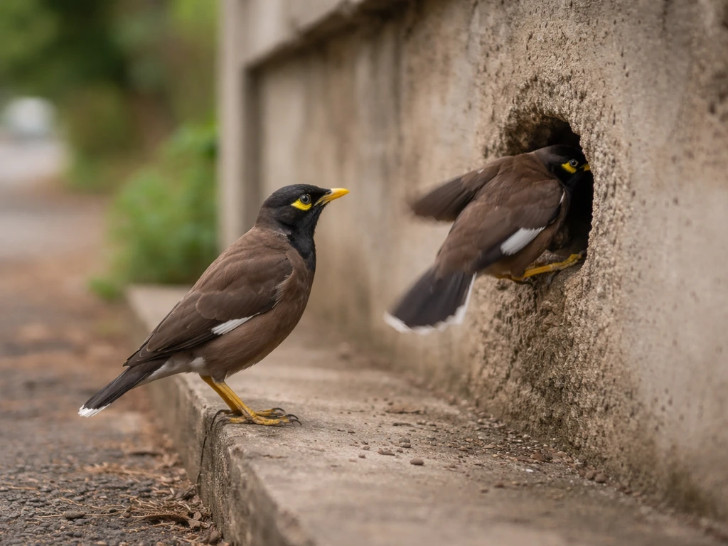 Common myna perched near a building cavity as another moves in and out of the nest hole
