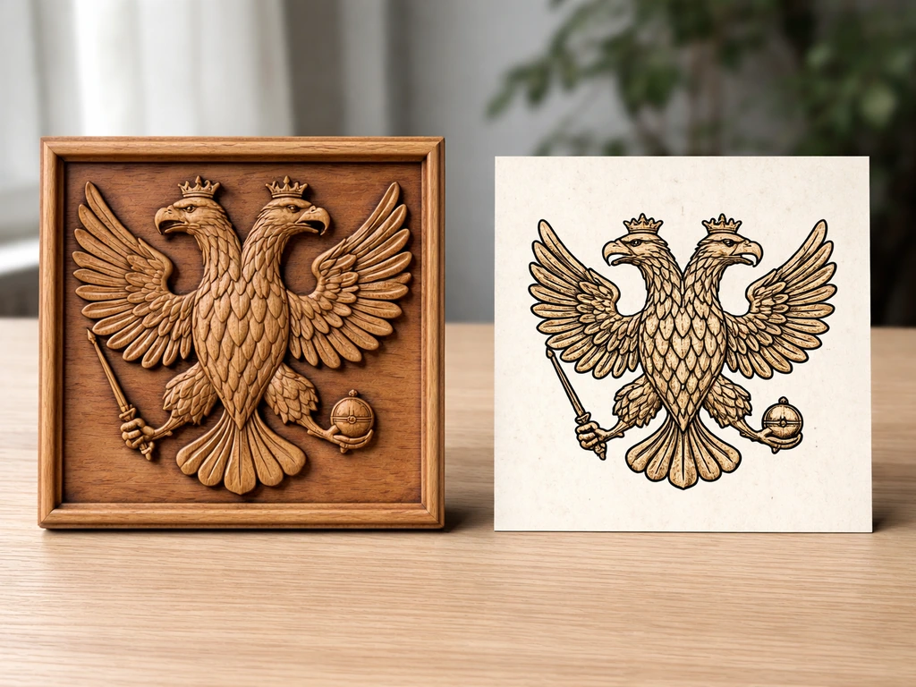 Tabletop photo with a carved heraldic double-headed eagle relief next to an illustration closeup.