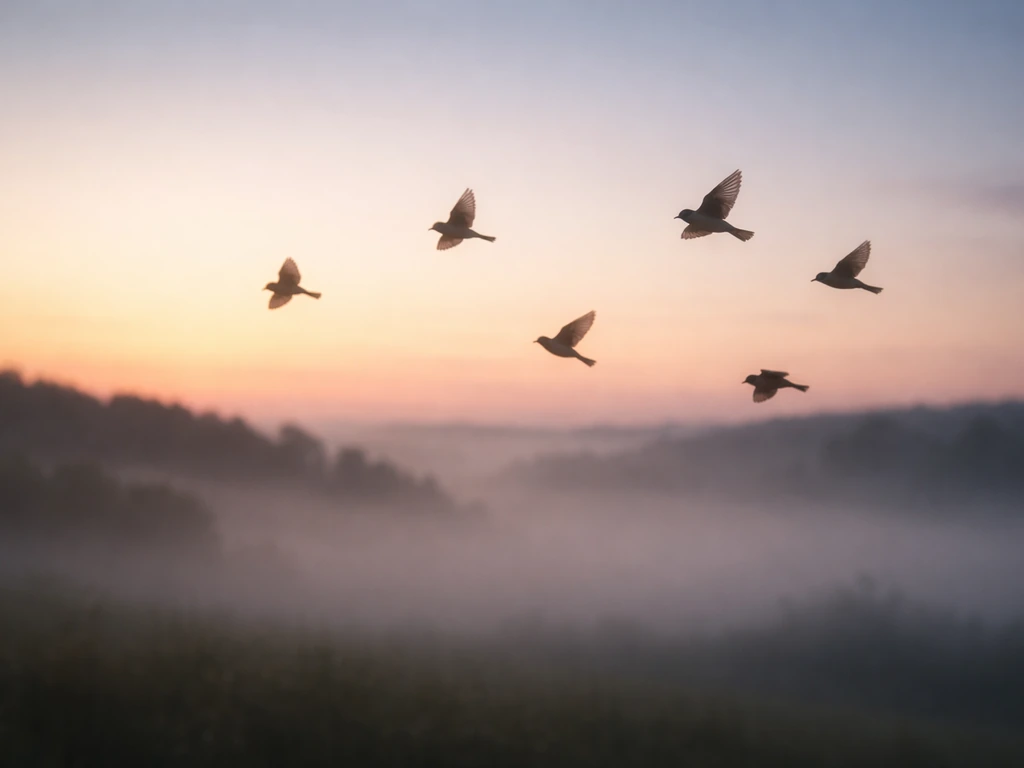 Small birds silhouetted in dawn flight above a quiet landscape, symbolizing hope and transcendence.
