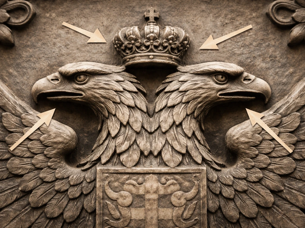 Close-up of a two-headed bird relief with visible crown placement and feather details for iconography cues.