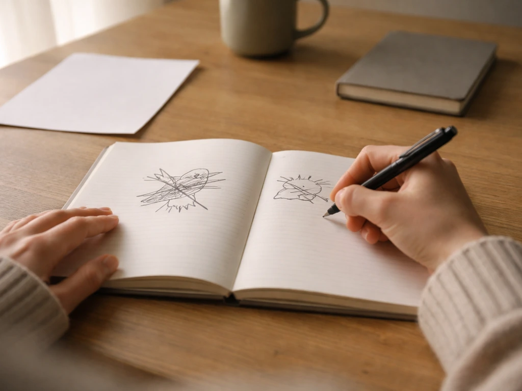 Person writing in a journal, with a two-headed bird sketch crossed out and replaced by a reflection prompt.