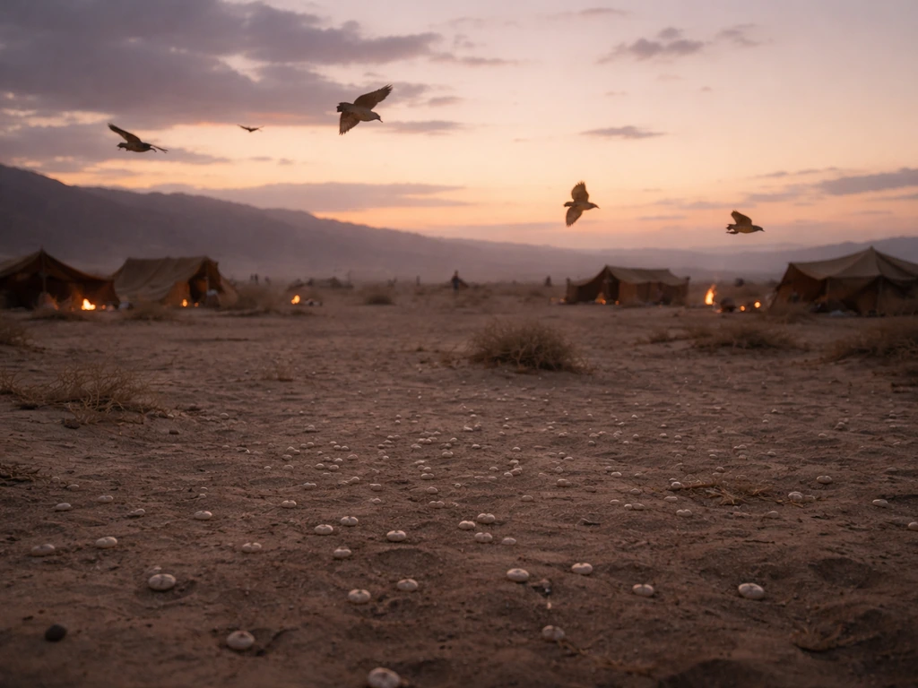 Twilight desert camp with faint manna-like specks and quail-like birds in the dusk sky.