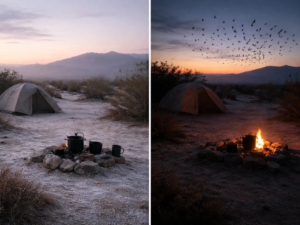 Wilderness campsite split between dawn with pale morning flakes and twilight with descending birds near camp.