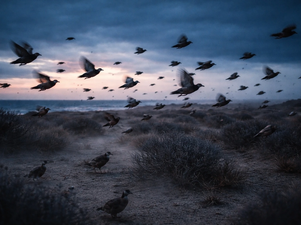 Quail fly in through dusk wind over a sparse wilderness, feathers and dust swirling in the air.