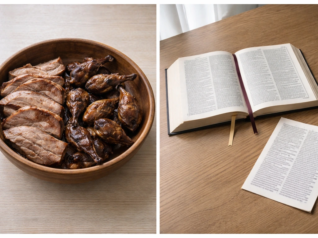 Minimal tabletop scene with side-by-side meat and quail-like food plus open Bible pages with separate markers.