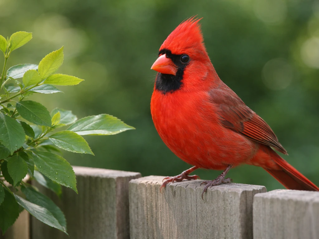 Red cardinal perched on a garden fence near leafy branches, calm and lingering outdoors.