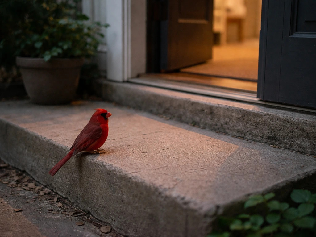 A red cardinal perched near a home doorway after a difficult moment