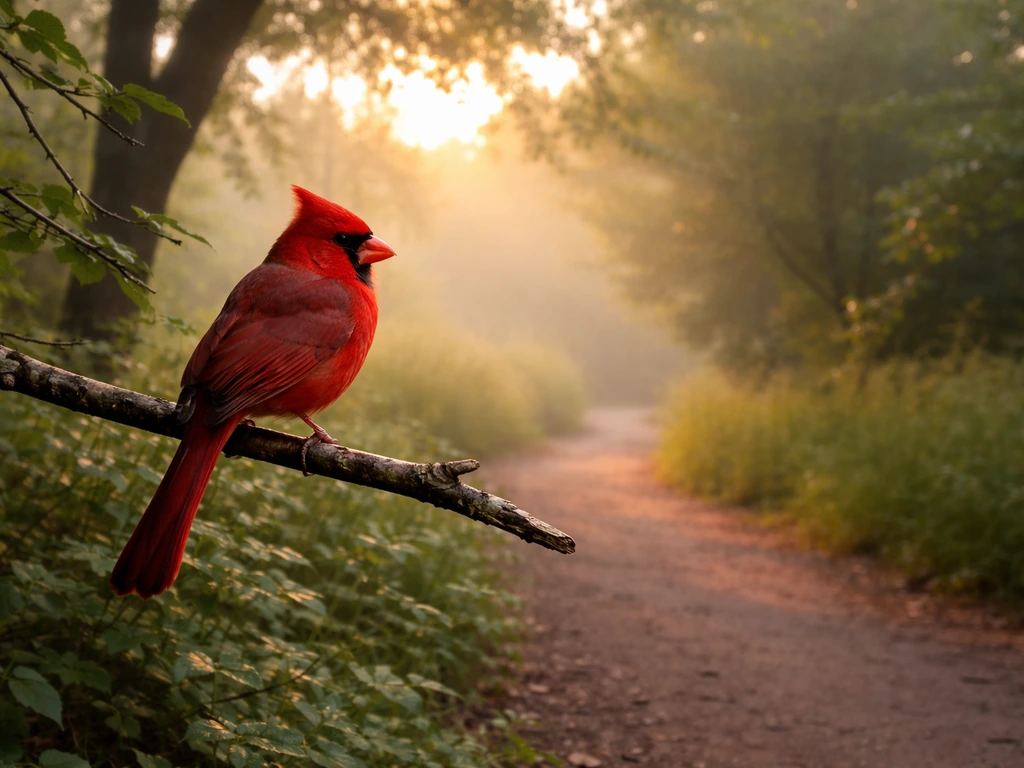 Red cardinal perched on a branch along a quiet walkway at dawn with soft golden light and mist.