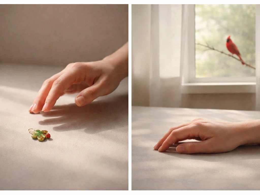 Split-scene photo: left hand reaching for a luck charm, right relaxed pause near a cardinal in calm light.
