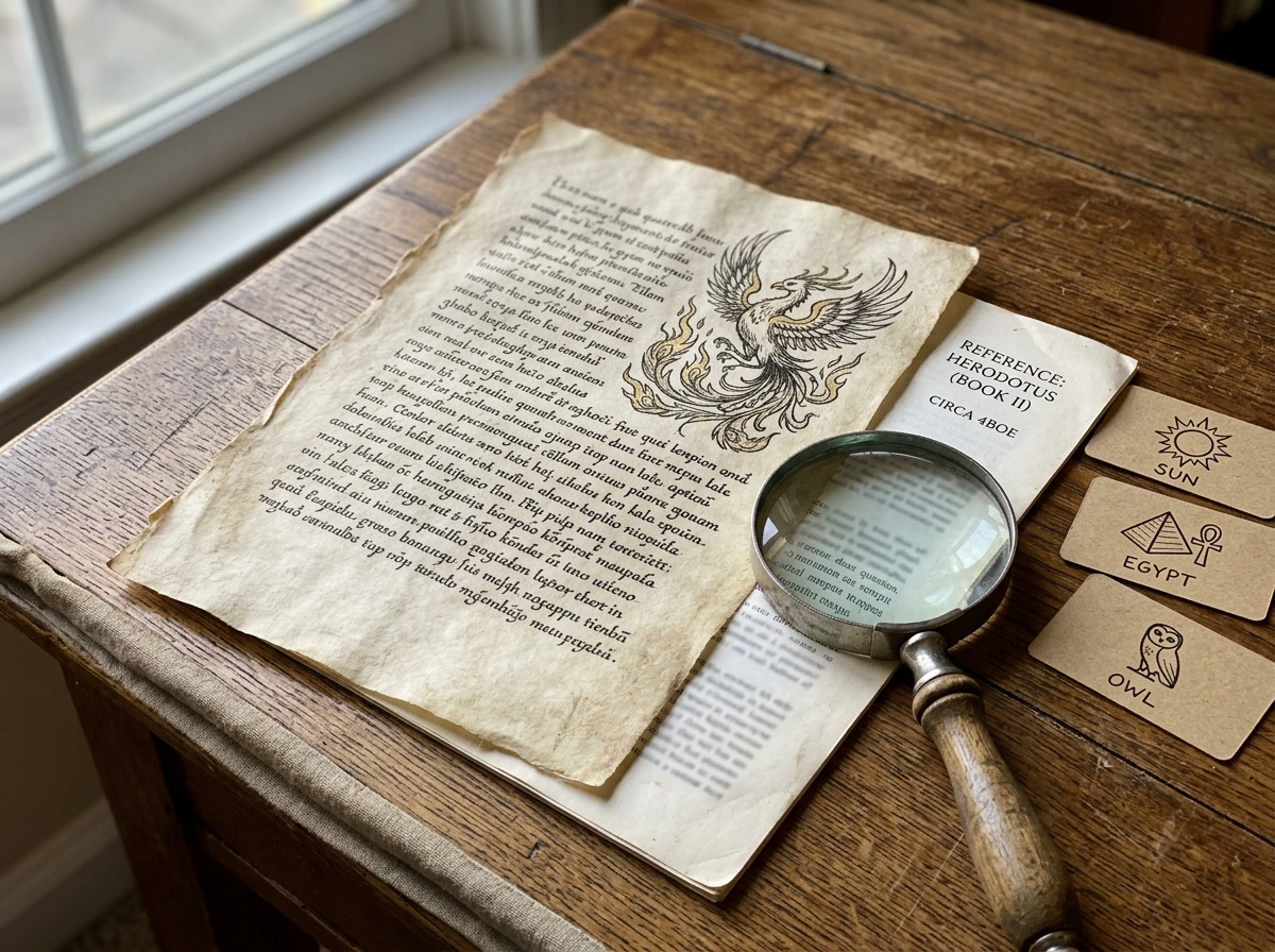 Manuscript pages and magnifying glass illustrating the phoenix’s ancient origin idea