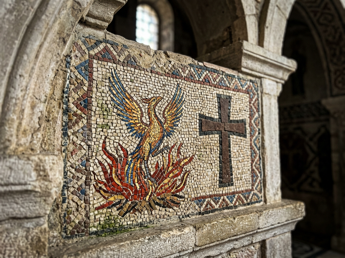 Church art phoenix motif on a mosaic panel with a nearby cross symbol
