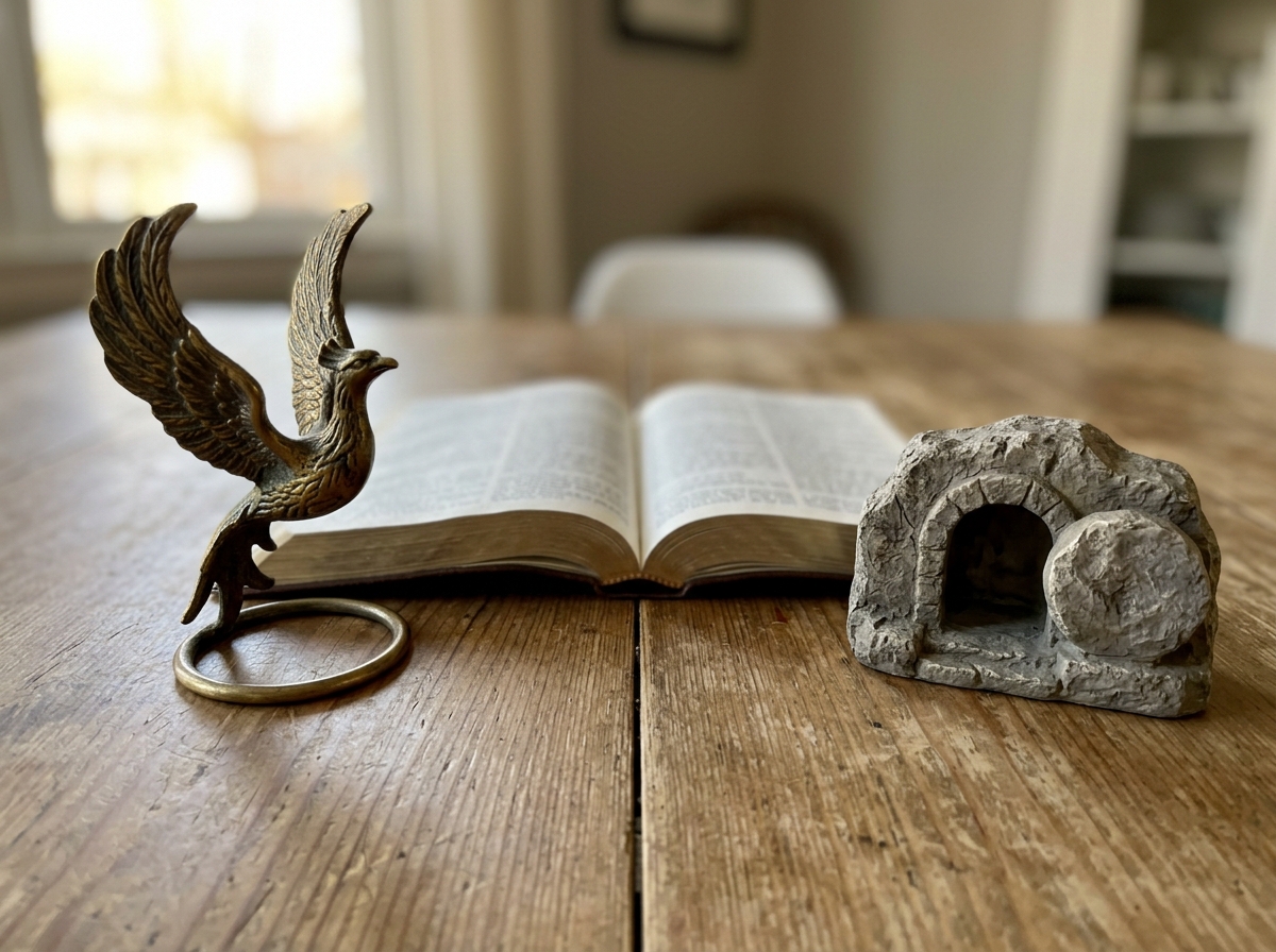 Side-by-side phoenix figurine and empty tomb model for comparing meanings