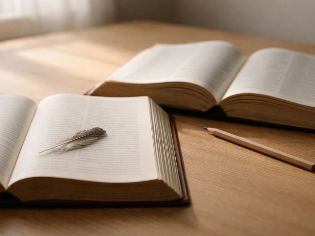 Open Bible and reference books on a wooden desk with a feather, lit by natural light.