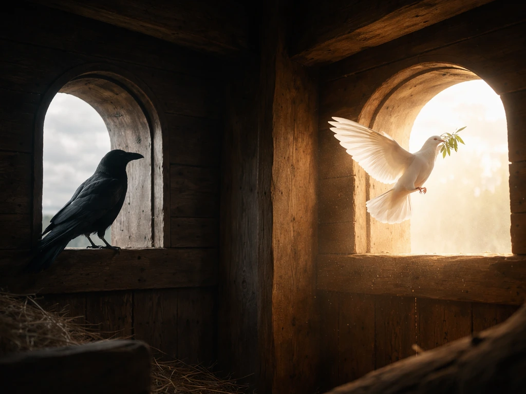 A raven-like bird perched near a wooden ark window, and a dove-like bird in calm light